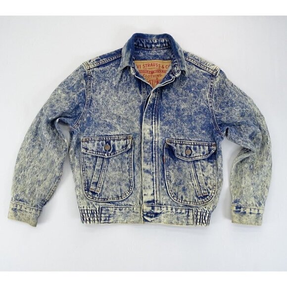 VTG Levis 57511 Trucker Blue Denim Jean Jacket Womens Size M Elastic Waist Acid - Picture 1 of 8